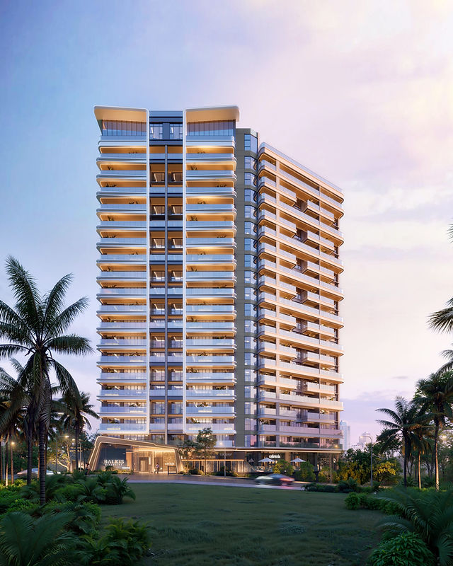 the Riverside residence tower exterior at dusk